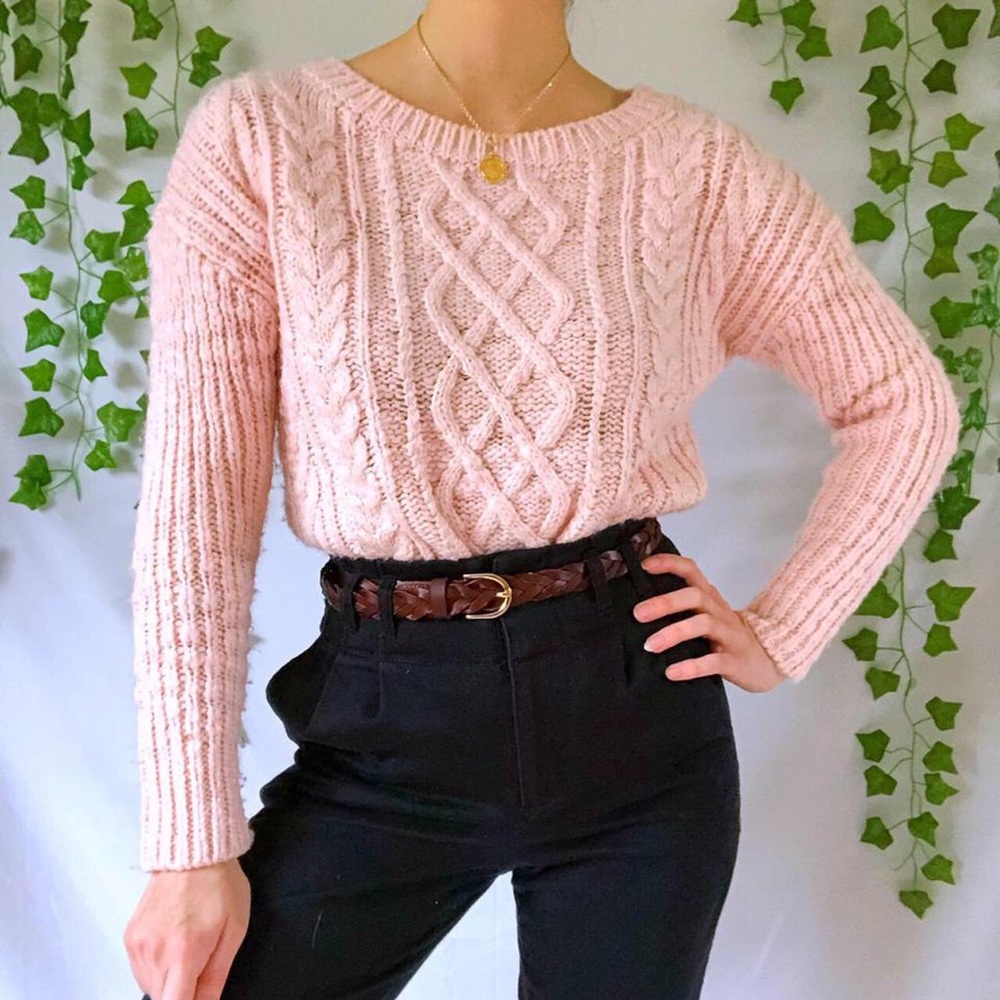 Pastel pink cable knit wool blend sweater